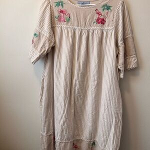 Only Necessities Beige Top with Pink Flamingo Embroidery